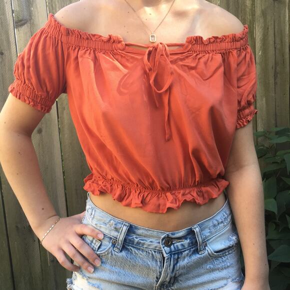 H&M Off the Shoulder Midriff Shirt in Terracotta, Women's S, Crop Top Cap Sleeve - Picture 1 of 7